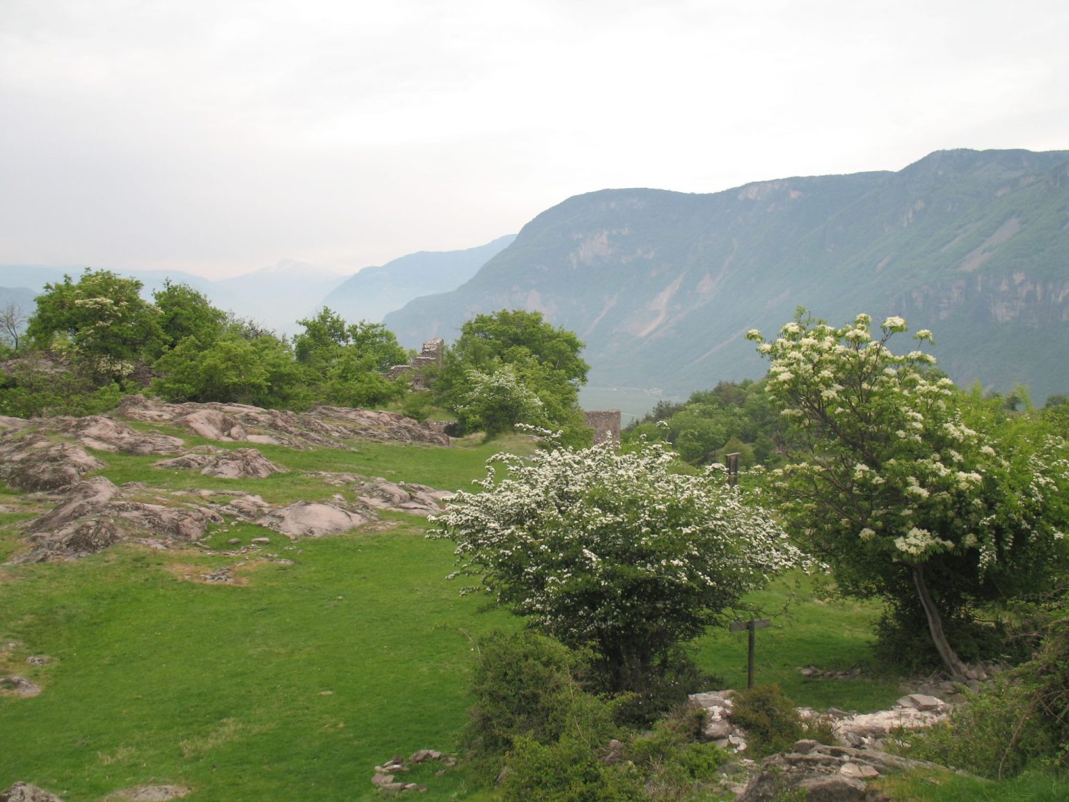Die Hügel von Castelfeder erlauben einen Blick nach Norden bis nach Bozen und die Sarntaler Berge dahinter
