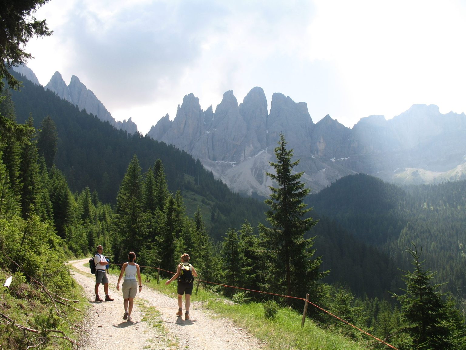 Der Weg auf die Almwiesen und die Geislerspitzen im Hintergrund