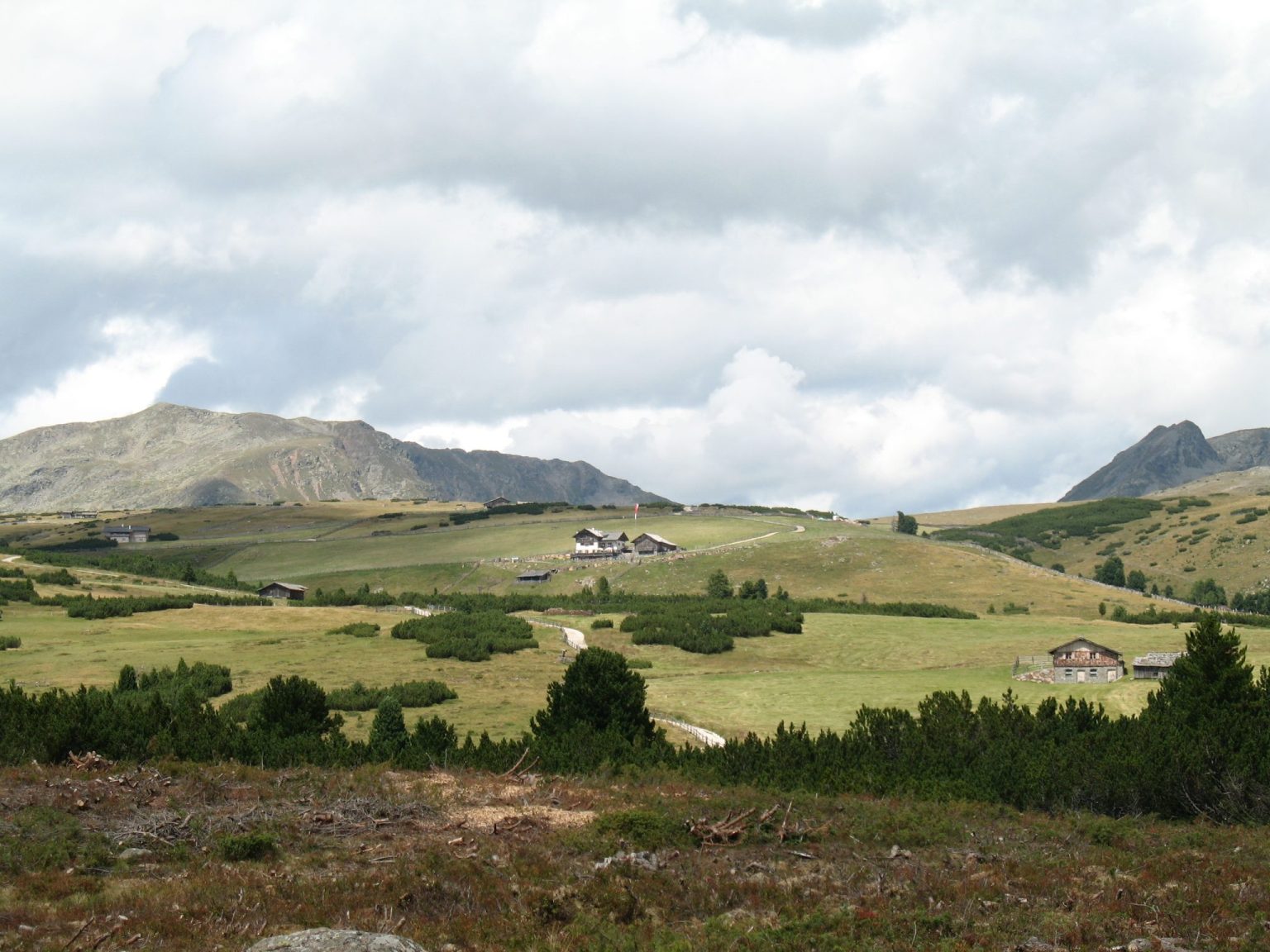 Blick auf die Villanderer Alm mit der Stöffl-Hütte in der Mitte und den Sarner Bergen im Hintergrund