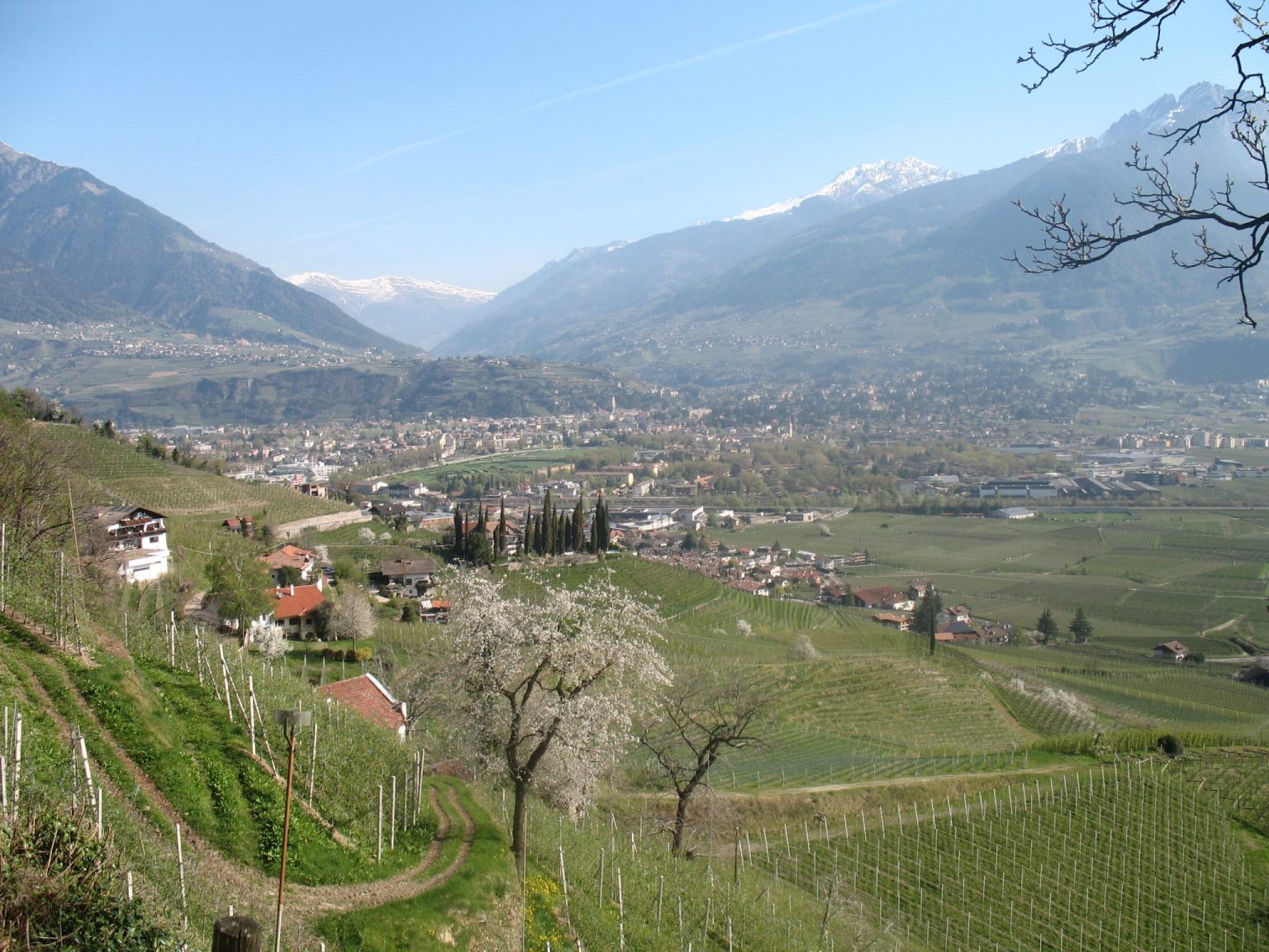 Blick vom Marlinger Waalweg auf Meran und ins Passeiertal